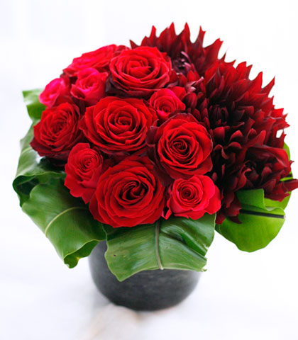 赤いバラ・赤いダリア・タニワタリを使って黒い陶器の花器にアレンジしたフラワーアレンジの写真